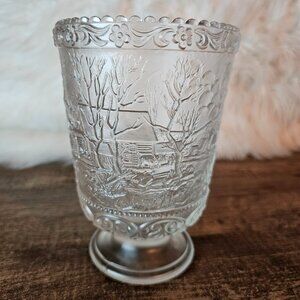 Fenton Currier & Ives Winter Farm Footed Frosted Glass Vase Candleholder Spooner